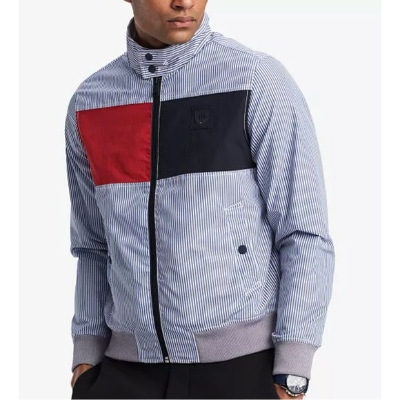 Tommy Hilfiger Gleason Barracuda Men’s Striped Colorblock Jacket Size S Blue Red - Picture 1 of 11